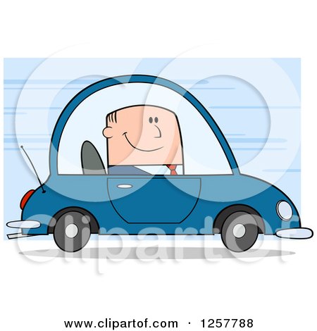 Clipart of a Happy White Business Man Commuting to Work in a Car over Blue - Royalty Free Vector Illustration by Hit Toon