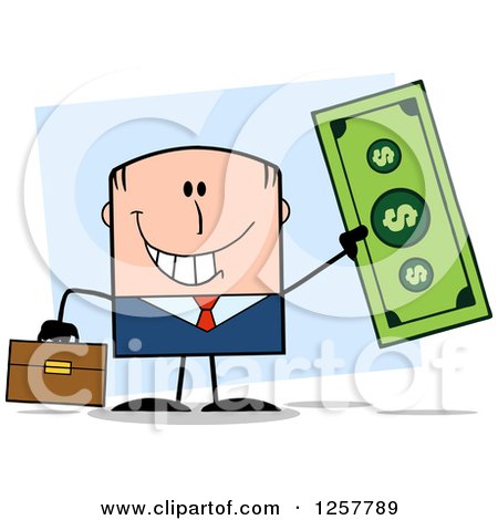 Clipart of a Happy White Businessman Holding up a Giant Dollar Bill over Blue - Royalty Free Vector Illustration by Hit Toon