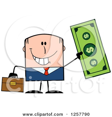 Clipart of a Happy White Businessman Holding up a Giant Dollar Bill - Royalty Free Vector Illustration by Hit Toon