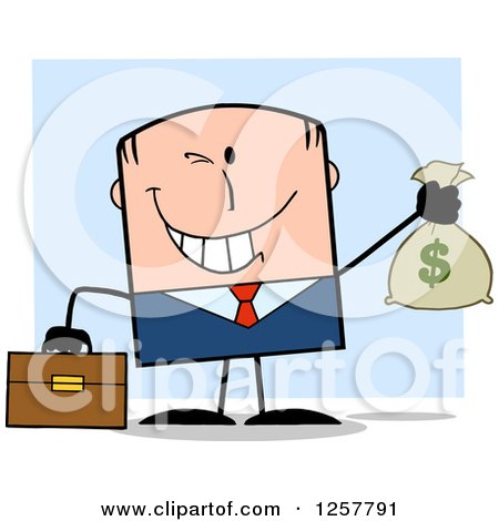 Clipart of a Wealthy White Businessman Winking and Holding a Money Bag over Blue - Royalty Free Vector Illustration by Hit Toon
