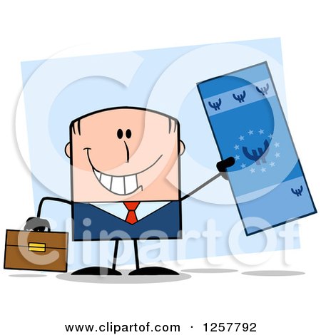 Clipart of a Happy White Businessman Holding up a Giant Duro Bill over Blue - Royalty Free Vector Illustration by Hit Toon