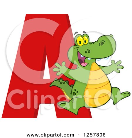 Clipart of a Happy Alligator Jumping over Letter a - Royalty Free Vector Illustration by Hit Toon