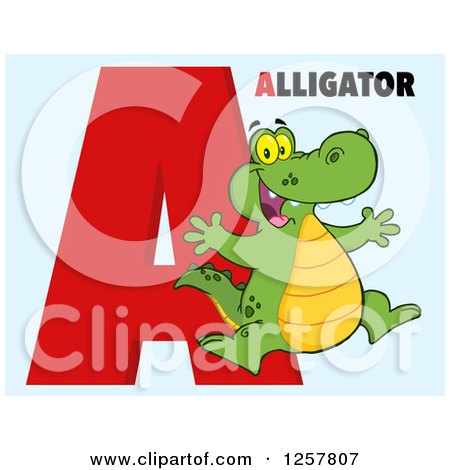 Clipart of a Happy Alligator Jumping over Letter a and Text on Blue - Royalty Free Vector Illustration by Hit Toon
