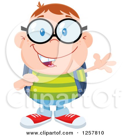 Clipart of a Happy White School Boy Geek Wearing Glasses and Waving - Royalty Free Vector Illustration by Hit Toon