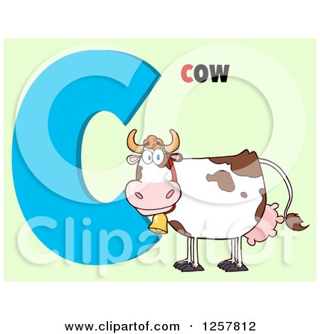 Clipart of a Happy Cow over Letter C and Text on Green - Royalty Free Vector Illustration by Hit Toon