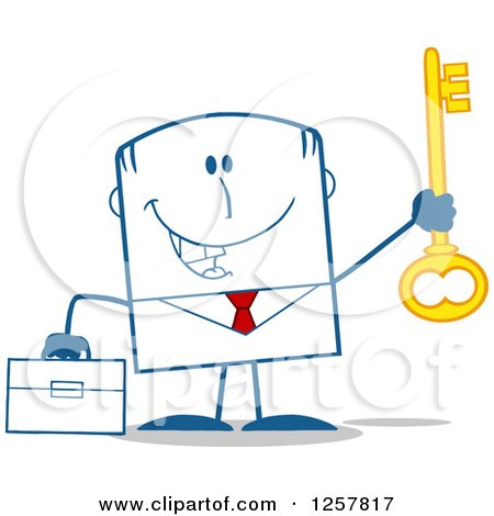 Clipart of a Happy Businessman Holding up a Key to Success - Royalty Free Vector Illustration by Hit Toon