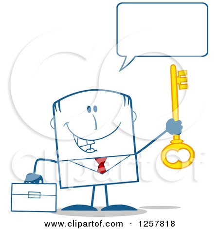 Clipart of a Happy Businessman Holding up a Key to Success - Royalty Free Vector Illustration by Hit Toon