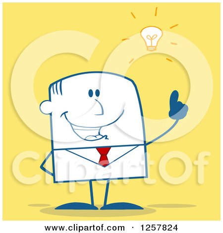 Clipart of a Stick Businessman with a Bright Idea over Yellow - Royalty Free Vector Illustration by Hit Toon