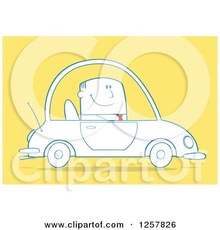 Clipart of a Happy Business Man Commuting to Work in a Blue Car over Yellow - Royalty Free Vector Illustration by Hit Toon