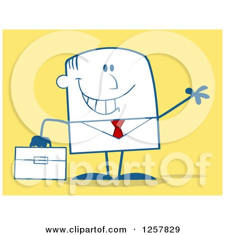 Clipart of a Happy Businessman Waving and Holding a Briefcase over Yellow - Royalty Free Vector Illustration by Hit Toon