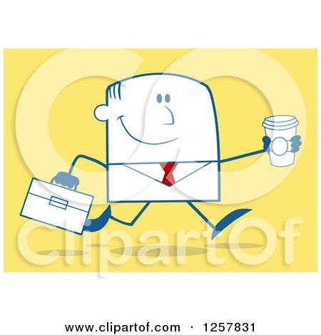 Clipart of a Happy Businessman Running with a to Go Coffee over Yellow - Royalty Free Vector Illustration by Hit Toon