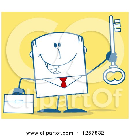 Clipart of a Happy Businessman Holding up a Key to Success over Yellow - Royalty Free Vector Illustration by Hit Toon