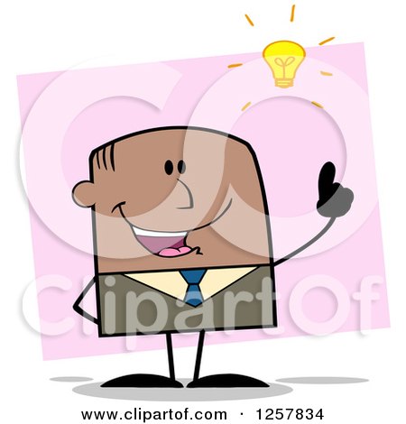 Clipart of a Black Stick Businessman with a Bright Idea over Pink - Royalty Free Vector Illustration by Hit Toon