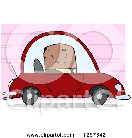 Clipart of a Happy Black Business Man Commuting to Work in a Red Car over Pink - Royalty Free Vector Illustration by Hit Toon