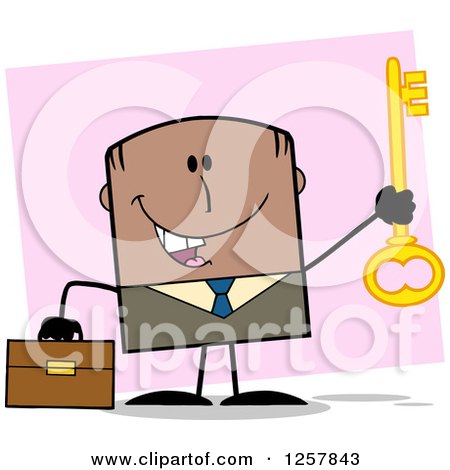 Clipart of a Happy Black Businessman Holding up a Key to Success over Pink - Royalty Free Vector Illustration by Hit Toon
