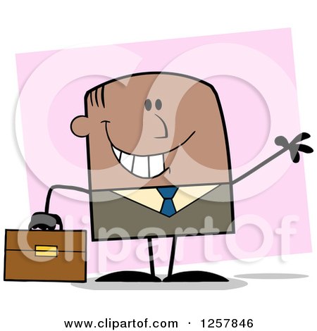 Clipart of a Happy Black Businessman Waving and Holding a Briefcase over Pink - Royalty Free Vector Illustration by Hit Toon