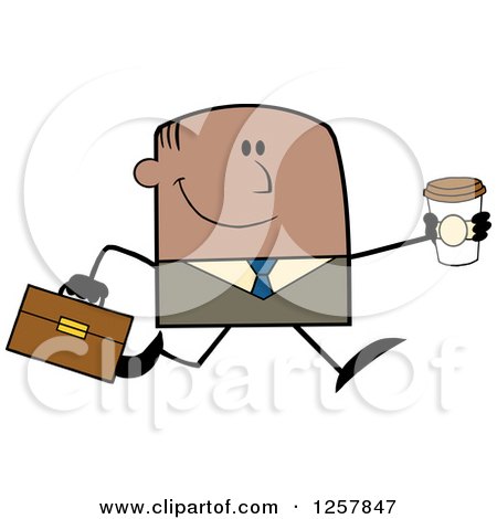 Clipart of a Happy Black Businessman Running with a to Go Coffee - Royalty Free Vector Illustration by Hit Toon