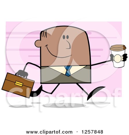 Clipart of a Happy Black Businessman Running with a to Go Coffee over Pink - Royalty Free Vector Illustration by Hit Toon