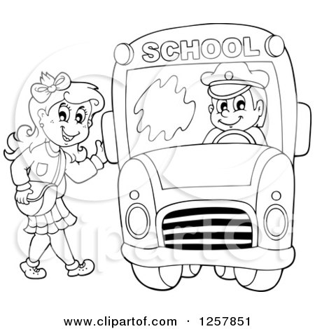Clipart of a Black and White School Girl Waving and Boarding a Bus - Royalty Free Vector Illustration by visekart