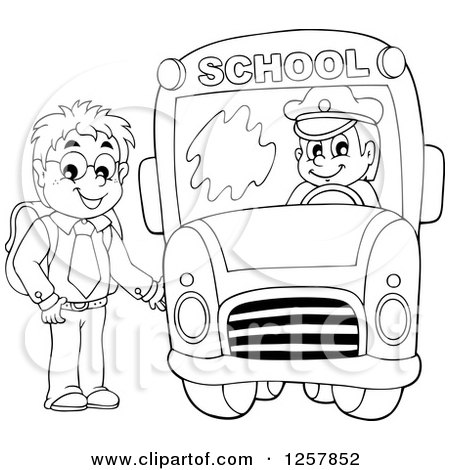 Clipart of a Black and White Boy Boarding a School Bus - Royalty Free Vector Illustration by visekart