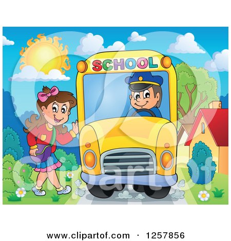 Clipart of a Brunette White Girl Waving and Boarding a School Bus - Royalty Free Vector Illustration by visekart