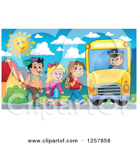 Clipart of a Group of School Children Boarding a Bus - Royalty Free Vector Illustration by visekart