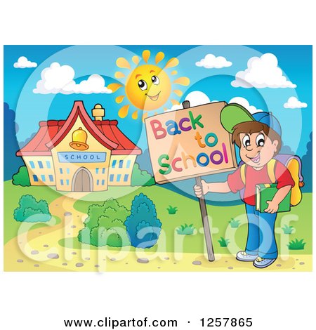 Clipart of a Caucasian Boy Holding a Back to School Sign Outside a Building - Royalty Free Vector Illustration by visekart
