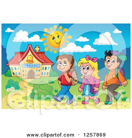 Clipart of Three Happy Caucasian School Children Walking on a Sunny Day - Royalty Free Vector Illustration by visekart