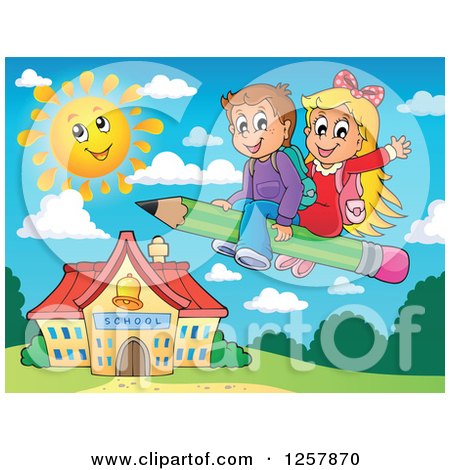 Clipart of Happy Caucasian School Children Flying on a Pencil over a School Building - Royalty Free Vector Illustration by visekart