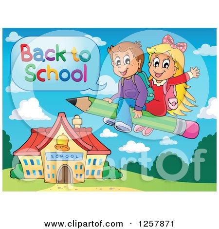 Clipart of Happy Caucasian Children Saying Back to School and Flying on a Pencil over a School Building - Royalty Free Vector Illustration by visekart