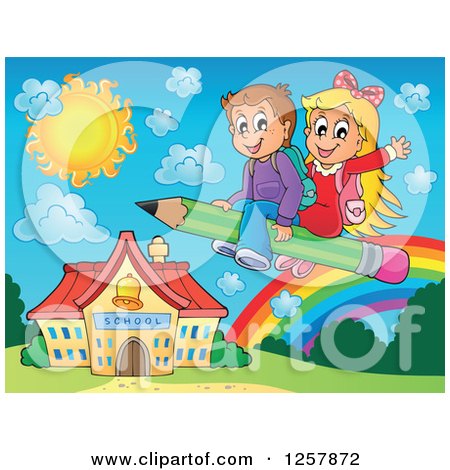 Clipart of Happy Caucasian School Children Flying on a Pencil over a Rainbow and School Building - Royalty Free Vector Illustration by visekart