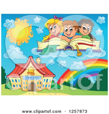 Clipart of a Group of Caucasian School Children Reading a Book over a Rainbow and Building - Royalty Free Vector Illustration by visekart