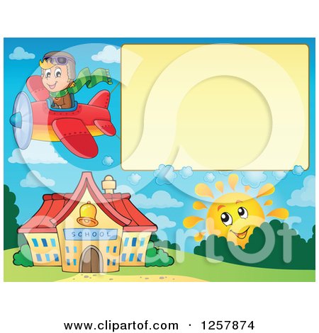 Clipart of a Happy Sun Watching a Boy Fly a Plane over a School Building and Text Space - Royalty Free Vector Illustration by visekart