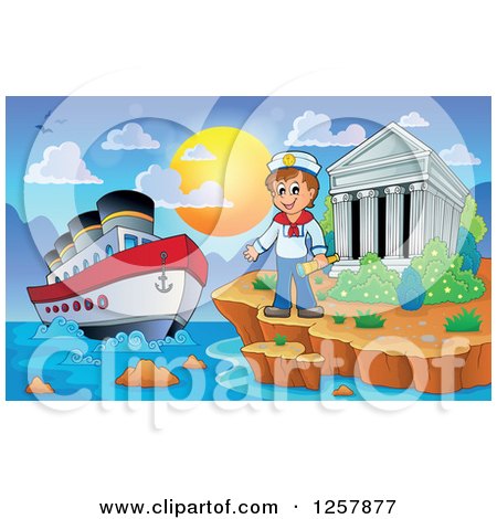 Clipart of the Acropolis of Athens with a Cruise Ship and Sailor in Greece - Royalty Free Vector Illustration by visekart