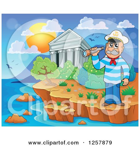 Clipart of the Acropolis of Athens with a Captain in Greece - Royalty Free Vector Illustration by visekart