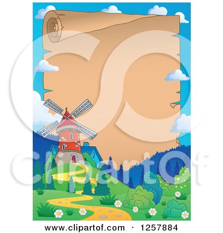 Clipart of a Windmill Frame Around an Aged Parchment Scroll - Royalty Free Vector Illustration by visekart