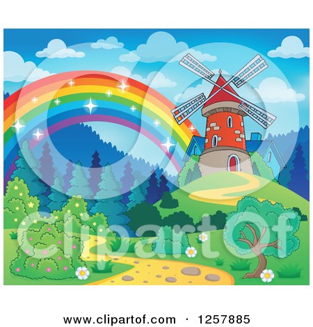 Clipart of a Rainbow Ending at an Old Windmill - Royalty Free Vector Illustration by visekart