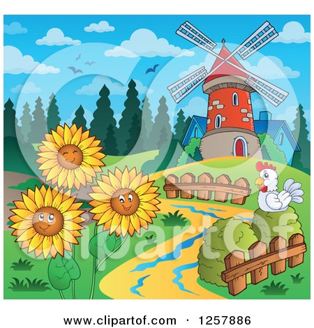 Clipart of a Chicken and Happy Summer Sunflowers by a Windmill - Royalty Free Vector Illustration by visekart