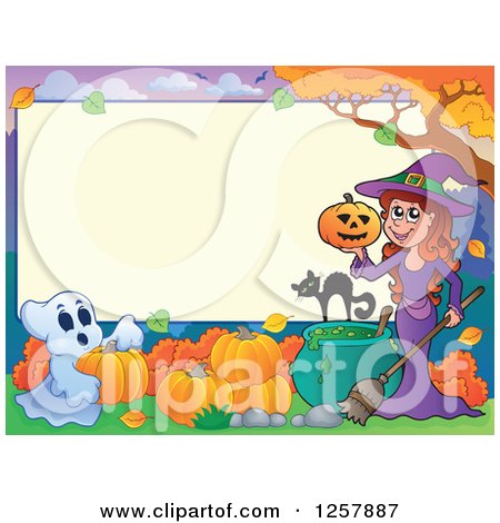 Clipart of a Halloween Sign with a Ghost Witch Cat and Cauldron - Royalty Free Vector Illustration by visekart
