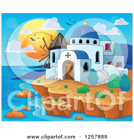 Clipart of a Coastal Greek Church and Windmill - Royalty Free Vector Illustration by visekart