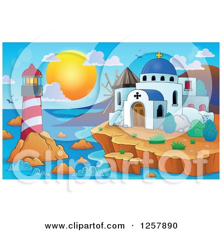 Clipart of a Coastal Greek Church Lighthouse and Windmill - Royalty Free Vector Illustration by visekart