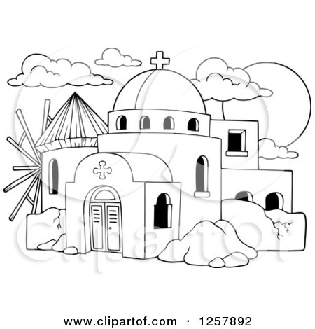 Clipart of a Black and White Windmill and a Greek Church - Royalty Free Vector Illustration by visekart