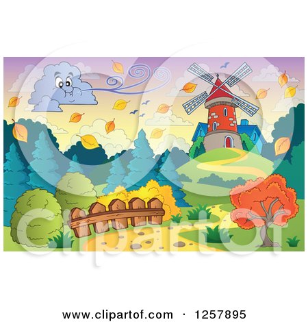Clipart of a Cloud Blowing a Breeze Towards a Windmill in Autumn - Royalty Free Vector Illustration by visekart