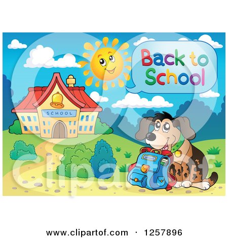 Clipart of a Student Dog Saying Back to School Outside a Building - Royalty Free Vector Illustration by visekart