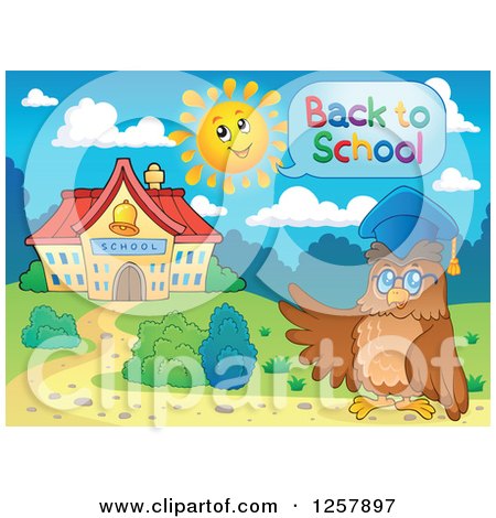 Clipart of a Professor Owl Saying Back to School Outside a Building - Royalty Free Vector Illustration by visekart