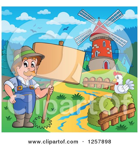 Clipart of a Happy Male Farmer and Chicken with a Wood Sign and a Windmill - Royalty Free Vector Illustration by visekart