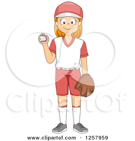 Clipart of a Happy Red Haired White Girl Pitcher Holding a Baseball - Royalty Free Vector Illustration by BNP Design Studio