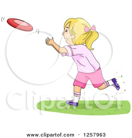 Clipart of a Happy Blond White Girl Throwing a Frisbee - Royalty Free Vector Illustration by BNP Design Studio