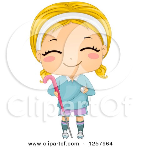 Clipart of a Happy Blond White Girl Smiling and Holding a Field Hockey Stick and Ball - Royalty Free Vector Illustration by BNP Design Studio