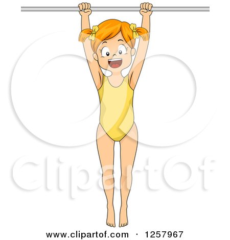Clipart of a Happy Red Haired White Girl Gymnast Hanging from a Bar - Royalty Free Vector Illustration by BNP Design Studio